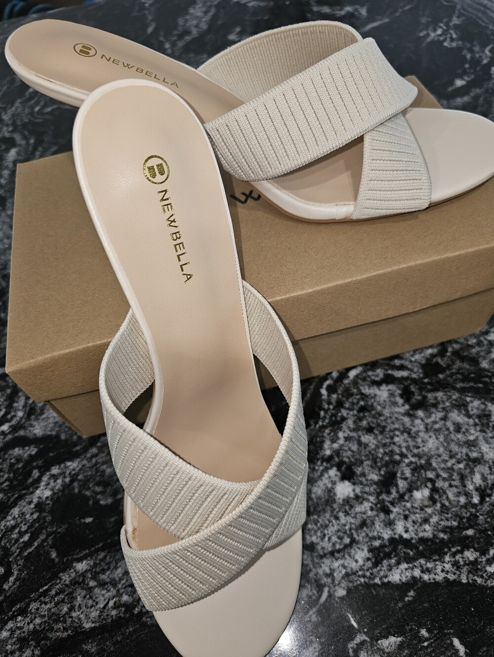 Newbella Women’s Cream Slide Sandals with Textured Straps, Size 9